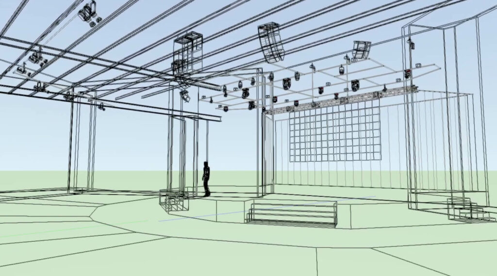 Front Porch Media’s design process for AVL systems, showcasing a detailed blueprint and layout for a customized worship space project.